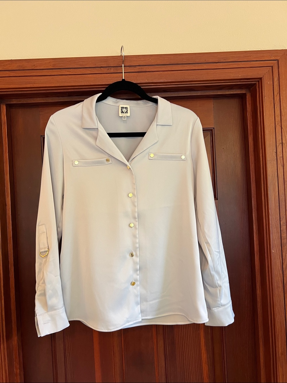 Ann Taylor Light Gray Button-Front Blouse with Gold Buttons
